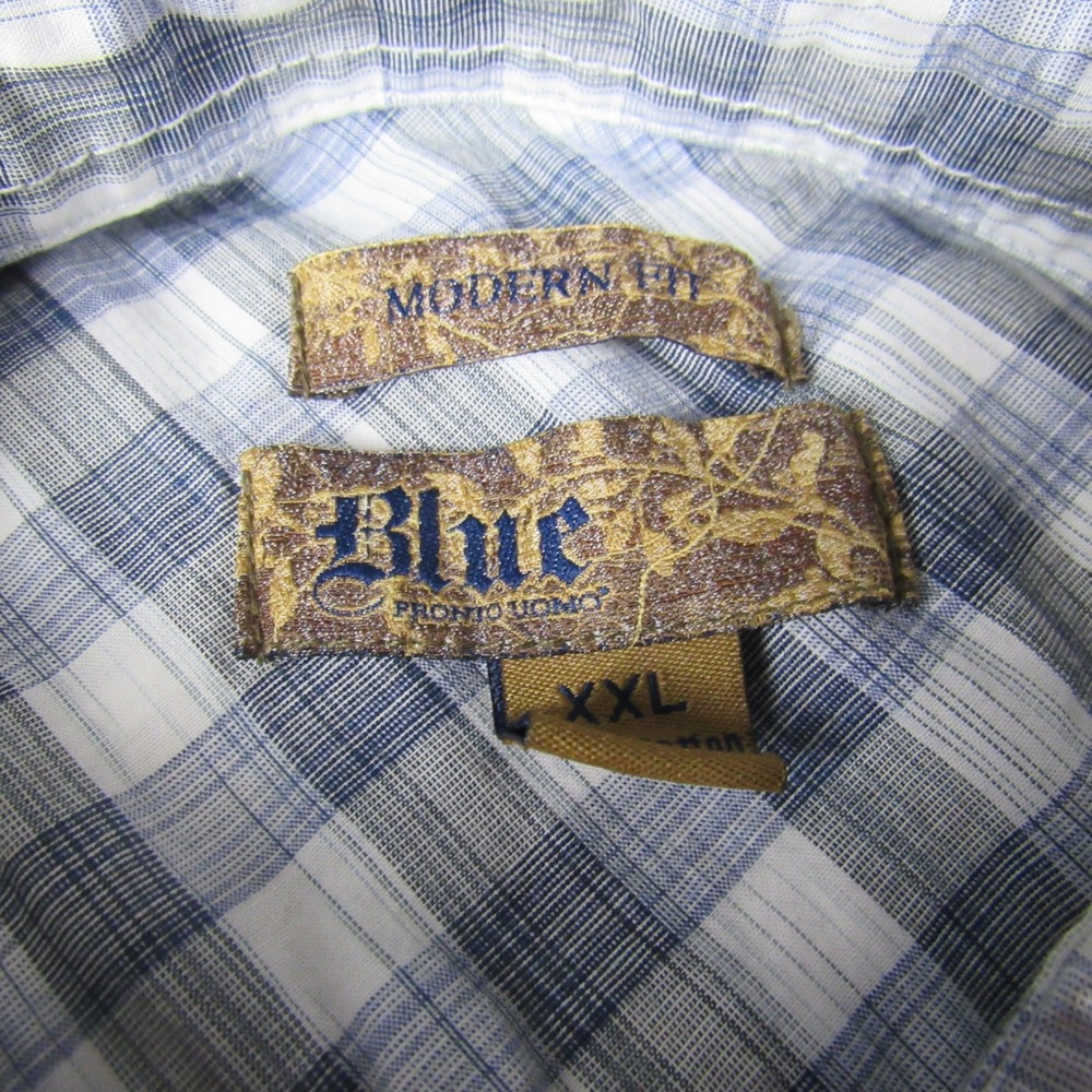 Blue Pronto Uomo Mens XXL Blue Plaid Modern Fit Cotton Button Down Shirt - Picture 6 of 14